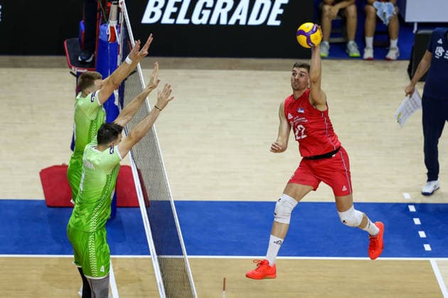 Serbia v Slovenia - Men s Volleyball Nations League BELGRADE, SERBIA - JULY 19: Players of the Slovenia and Serbia in action during the FIVB Men s Volleyball Nations League Pool 7 preliminary round match between Serbia and Slovenia at the Belgrade Arena in Belgrade, Serbia, on July 19, 2026 Filip Stevanovic Anadolu Belgrade Serbia. Editorial use only. Please get in touch for any other usage.  Copyright: x2026xAnadoluxFilipxStevanovicx