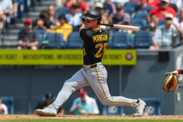 July 19, 2026: Pittsburgh Pirates left fielder Jake Mangum (28) hits a double during the sixth inning of the Major League Baseball game between the Pittsburgh Pirates and Cleveland Guardians at Progressive Field in Cleveland, Ohio. CSM Cleveland United States of America - ZUMAc04_ 20260719_zma_c04_026 Copyright: xBrianxFisherx