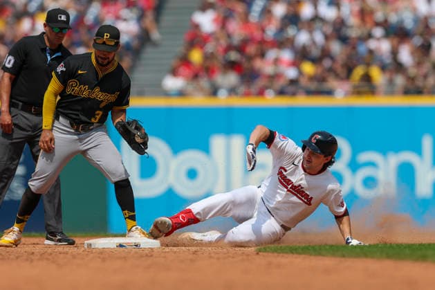 July 19, 2026: Cleveland Guardians designated hitter Chase DeLauter (24) slides into second base for a double during the sixth inning of the Major League Baseball game between the Pittsburgh Pirates and Cleveland Guardians at Progressive Field in Cleveland, Ohio. CSM Cleveland United States of America - ZUMAc04_ 20260719_zma_c04_027 Copyright: xBrianxFisherx