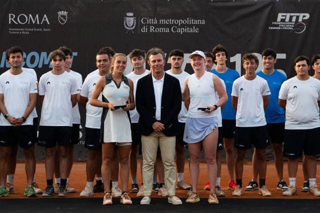 IPA86819887 - Francesca Jones of Great Britain and Lucia Bronzetti of Italy celebrate during the award ceremony for the 2026 ATV BANCOMAT Tennis Open singles final at Circolo Antico Tiro a Volo in Rome, Italy.  Copyright: xMarioxQuartapelle IPAxSportx xx 86819887