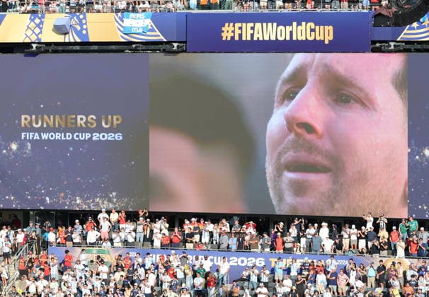 FIFA World Cup, WM, Weltmeisterschaft, Fussball 2026 final - Spain vs Argentina A display board shows an emotional Lionel Messi of Argentina on screen during the awards ceremony after the FIFA World Cup 2026 final match Spain against Argentina, in New Jersey, USA, 19 July 2026. EAST RUTHERFORD United States  Copyright: xSARAHxYENESELx