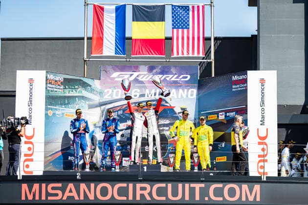GT World Challenge Europe By AWS - Misano 2026 - Race 2 The podium with Kelvin van der Linde and Charles Weerts of Team WRT, Dani Juncadella and Chris Lulham of Mercedes-AMG Team Verstappen Racing, and Lucas Auer and Maro Engel of Team Winward Racing during Race 2 of the fifth round of the GT World Challenge Europe by AWS at the Misano World Circuit - Marco Simoncelli in Misano, Italy, on July 19, 2026. Misano Italy Italy  Copyright: xFabioxPellicciax originalFilename:pelliccia-gtworldc260719_npQFs.jpg