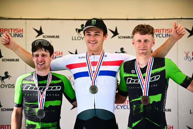 2026 Lloyds National MTB XCO Championships Picture by Olly Hassell SWpix.com - 19 07 2026 - Cycling - British Cycling National Championships - 2026 Lloyds National MTB XCO Championships - Forest of Ae, Dumfries & Galloway, Scotland - Senior Open - Podium - Charlie Aldridge (Cannondale Factory Racing) National Champion, Cameron Orr (Hope Tech Factory Racing) Silver Medalist and Thomas Mein (Hope Factory Racing) Bronze Medalist Copyright: x xSWpix.comx(t axPhotographyxHubxLtd)xOllyxHassell SWpix.comx SWP-3030-15498