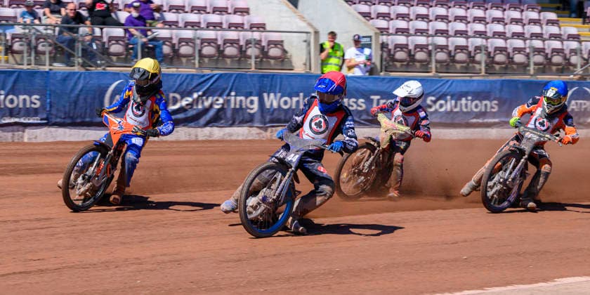 JR Ashworth & Sons Colts Academy - British Youth Championship (125cc) Jordy Loftus in yellow leads Charlie Southwick in red, Harry Fletcher in white and Mark Parker in blue during the JR Ashworth & Sons Colts Academy Event at the National Speedway Stadium in Manchester, United Kingdom. Manchester United Kingdom  Copyright: xMIxNewsx originalFilename:fletcher-jrashwor260719_npVGu.jpg
