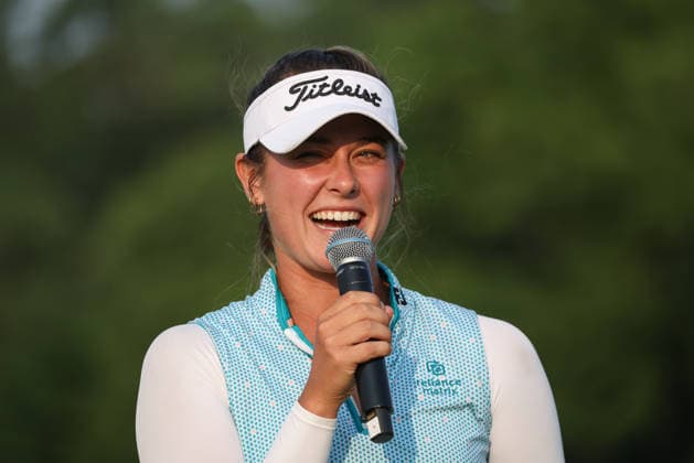SYLVANIA, OH - JULY 19: Annabelle Pancake-Webb addresses the crowd during the awards ceremony following the final round of the LPGA, Golf Damen EPSON Tour - Greater Toledo Classic on July 19, 2026 at Highland Meadows Golf Club in Sylvania, Ohio. (Photo by Scott W. Grau Icon Sportswire) GOLF: JUL 19 LPGA Greater Toledo Classic EDITORIAL USE ONLY Icon26071912