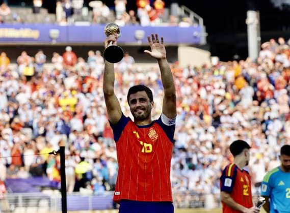 RECORD DATE NOT STATED Spain Champion of FIFA World Cup, WM, Weltmeisterschaft, Fussball 2026. (SPO) Spain Champion of FIFA World Cup 2026. July 19, 2026, New Jersey, USA: Rodri captain of Spain was confirmed as the best player at the FIFA World Cup 2026 as Spain defeat Argentina 1-0 to win the FIFA World Cup 2026 final at New York New Jersey stadium in New Jersey. The Spanish midfielder won the adidas Golden Ball which is awarded to the best player by the FIFA Technical Study Group (TSG). Lionel Messi from Argentina and Kylian Mbappe from France came second and third respectively. Credit: Niyi Fote Thenews2(Foto: Niyi Fote Thenews2 imago images) SPO  Copyright: xNiyixFotex