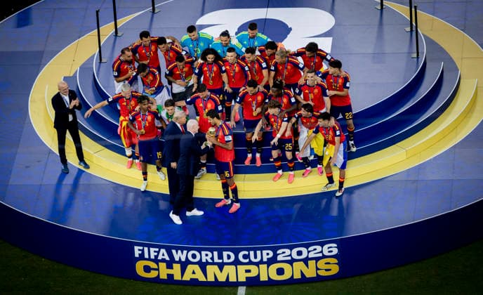 New York, USA 19th Jul 2026. Donald Trump ( President of the United States) and FIFA President Gianni Infantino present Rodri with the trophy Spain - Argentina World Cup Final Spanien - Argentinien 19.07.2026 *** New York, USA, July 19, 2026: Donald Trump, President of the United States, and FIFA President Gianni Infantino present Rodri with the trophy at the Spain vs. Argentina World Cup Final, July 19, 2026