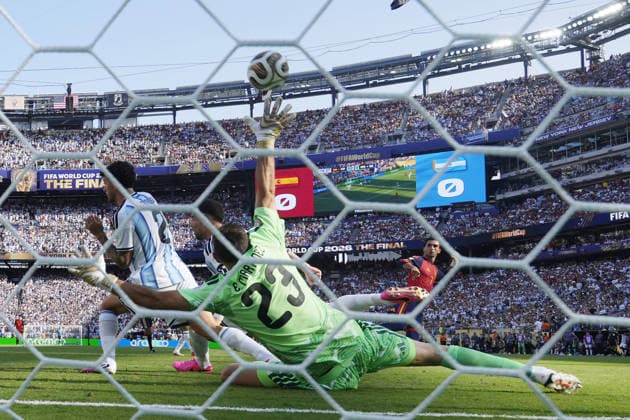Football: 2026 World Cup Spain s Ferran Torres (back, R) scores the winner in the second half of extra time in the World Cup football final against Argentina at New York New Jersey Stadium in East Rutherford, New Jersey, on July 19, 2026.  A14AA0005623712P