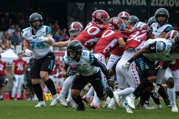 Justus Seelig 5, Munich Ravens running with the ball, Prague Lions vs Munich Ravens, American Football, EUROPEAN FOOTBALL ALLIANCE (EFA), Week 10, 2026, 19.07.2026 Praha MÄ›stskÃ½ Stadion Czechia Copyright: xM51x