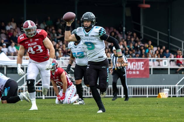 Russell Tabor 9, Munich Ravens looking for reciever, Prague Lions vs Munich Ravens, American Football, EUROPEAN FOOTBALL ALLIANCE (EFA), Week 10, 2026, 19.07.2026 Praha MÄ›stskÃ½ Stadion Czechia Copyright: xM51x