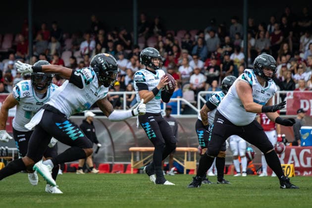 Russell Tabor 9, Munich Ravens inside the pocket, Prague Lions vs Munich Ravens, American Football, EUROPEAN FOOTBALL ALLIANCE (EFA), Week 10, 2026, 19.07.2026 Praha MÄ›stskÃ½ Stadion Czechia Copyright: xM51x