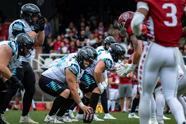 Munich Ravens O-line before snap, Prague Lions vs Munich Ravens, American Football, EUROPEAN FOOTBALL ALLIANCE (EFA), Week 10, 2026, 19.07.2026 Praha MÄ›stskÃ½ Stadion Czechia Copyright: xM51x