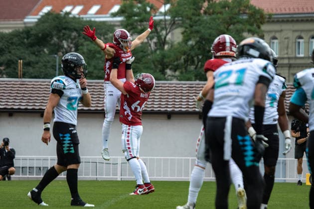 Lions celebration , Lukas Kadlec 17, Prague Lions , Prague Lions vs Munich Ravens, American Football, EUROPEAN FOOTBALL ALLIANCE (EFA), Week 10, 2026, 19.07.2026 Praha MÄ›stskÃ½ Stadion Czechia Copyright: xM51x