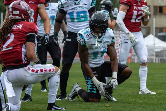 after a tackle, William Patterson 2, Prague Lions , Divine Buckrham 11, Munich Ravens Prague Lions vs Munich Ravens, American Football, EUROPEAN FOOTBALL ALLIANCE (EFA), Week 10, 2026, 19.07.2026 Praha MÄ›stskÃ½ Stadion Czechia Copyright: xM51x