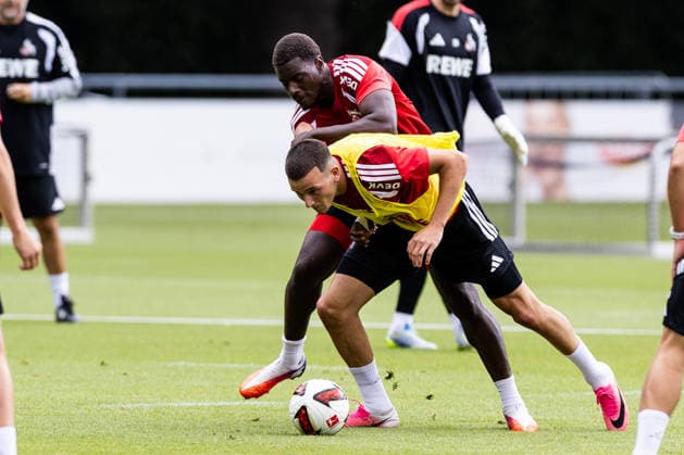 COLOGNE, GERMANY - JULY 20: Ragnar Ache (1. FC Koeln, 9) and Said El Mala (1. FC Koeln, 13) battle for the ball during a training session of season 2026 27 at Geissbockheim on July 20, 2026 in Cologne, Germany. North Rhine Westphalia Germany Copyright: xSteffiexWunderlx