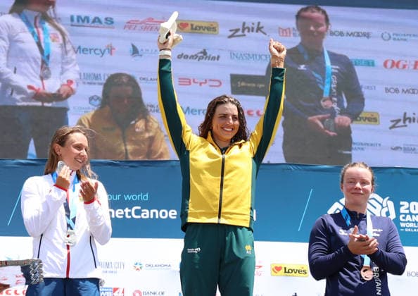 July 20, 2026, Oklahoma City, Oklahoma, USA: JESSICA FOX of Australia, KATERINA BEKOVA of Czech Republic and LOIS LEAVER of Great Britain during Kayak Cross medalist ceremony on 2026 ICF Canoe Slalom World Championships, Oklahoma City, USA. Oklahoma City USA - ZUMAc278 20260720_zsp_c278_002 Copyright: xMarcinxCholewinskix