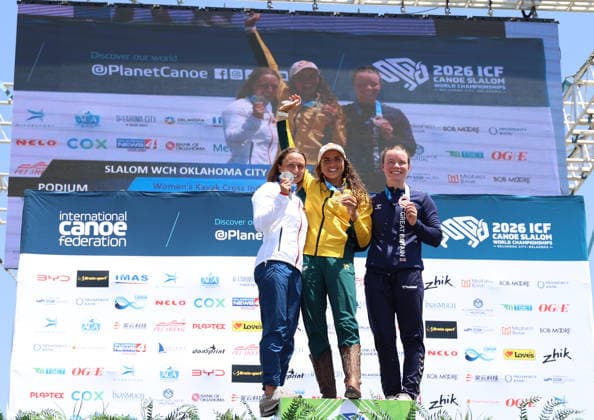July 20, 2026, Oklahoma City, Oklahoma, USA: JESSICA FOX of Australia, KATERINA BEKOVA of Czech Republic and LOIS LEAVER of Great Britain during Kayak Cross medalist ceremony on 2026 ICF Canoe Slalom World Championships, Oklahoma City, USA. Oklahoma City USA - ZUMAc278 20260720_zsp_c278_004 Copyright: xMarcinxCholewinskix