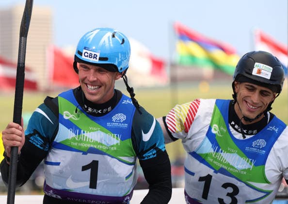 July 20, 2026, Oklahoma City, Oklahoma, USA: JOSEPH CLARKE of Great Britain and DAVID LLORENTE of Spain after Kayak Cross competition on 2026 ICF Canoe Slalom World Championships, Oklahoma City, USA. ICF Canoe Slalom World Championships 2026 - Clarke, Llorente  - ZUMAc278 20260720_zsp_c278_005 Copyright: xMarcinxCholewinskix