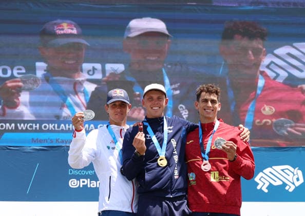 July 20, 2026, Oklahoma City, Oklahoma, USA: KREJCI JAKUB of Czech Republic, JOSEPH CLARKE of Great Britain and DAVID LLORENTE of Spain during Kayak Cross medalist ceremony on 2026 ICF Canoe Slalom World Championships, Oklahoma City, USA. Oklahoma City USA - ZUMAc278 20260720_zsp_c278_013 Copyright: xMarcinxCholewinskix