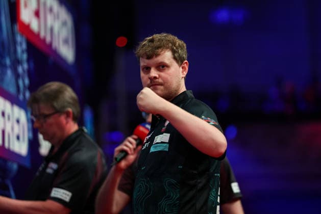RECORD DATE NOT STATED 20th July 2026, Winter Gardens, Blackpool, Lancashire, England; 2026 Betfred World Matchplay Darts, Day Three; Kevin Doets reacts during his game against Ross Smith AidanxHunter