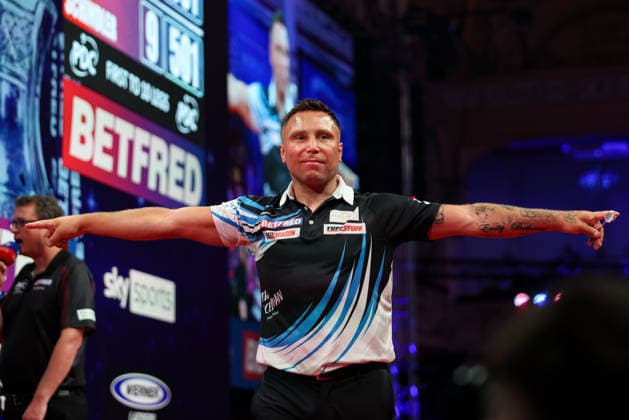 RECORD DATE NOT STATED 20th July 2026, Winter Gardens, Blackpool, Lancashire, England; 2026 Betfred World Matchplay Darts, Day Three; Gerwyn Price celebrates after winning his game against Martin Schindler AidanxHunter