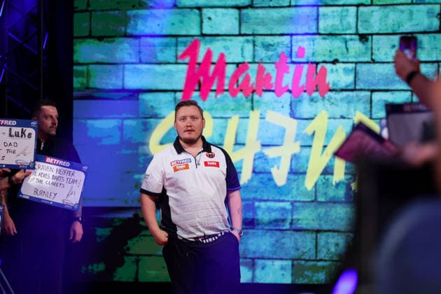 RECORD DATE NOT STATED 20th July 2026, Winter Gardens, Blackpool, Lancashire, England; 2026 Betfred World Matchplay Darts, Day Three; Martin Schindler during his walk on AidanxHunter
