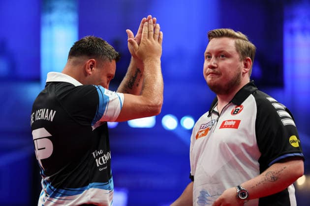 RECORD DATE NOT STATED 20th July 2026, Winter Gardens, Blackpool, Lancashire, England; 2026 Betfred World Matchplay Darts, Day Three; Martin Schindler and Gerwyn Price ahead of their game AidanxHunter