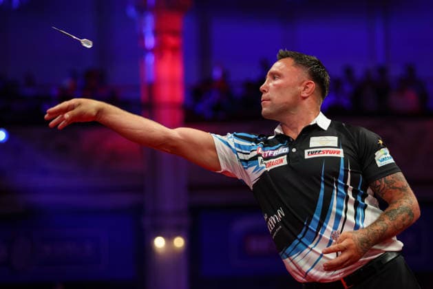RECORD DATE NOT STATED 20th July 2026, Winter Gardens, Blackpool, Lancashire, England; 2026 Betfred World Matchplay Darts, Day Three; Gerwyn Price in action at the oche during his game against Martin Schindler AidanxHunter