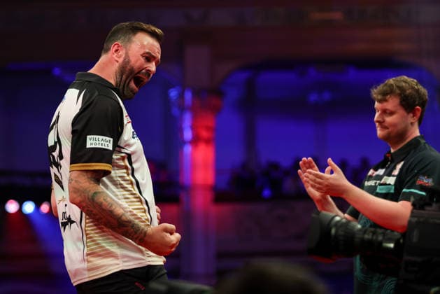 RECORD DATE NOT STATED 20th July 2026, Winter Gardens, Blackpool, Lancashire, England; 2026 Betfred World Matchplay Darts, Day Three; Ross Smith celebrates after winning his game against Kevin Doets AidanxHunter