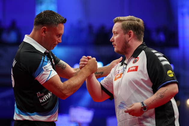 RECORD DATE NOT STATED 20th July 2026, Winter Gardens, Blackpool, Lancashire, England; 2026 Betfred World Matchplay Darts, Day Three; Gerwyn Price and Martin Schindler shake hands ahead of their game AidanxHunter