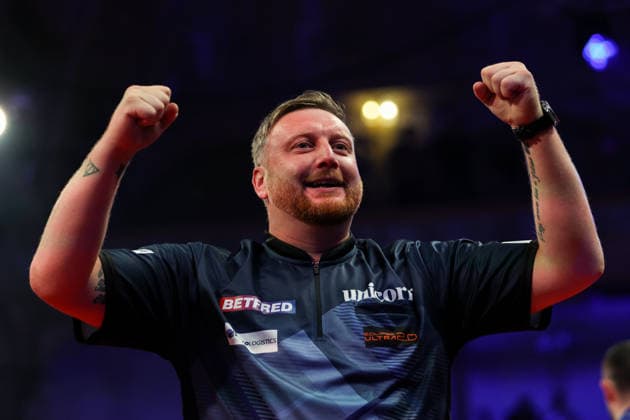 RECORD DATE NOT STATED 20th July 2026, Winter Gardens, Blackpool, Lancashire, England; 2026 Betfred World Matchplay Darts, Day Three; Cameron Menzies celebrates after winning his game against Luke Humphries AidanxHunter