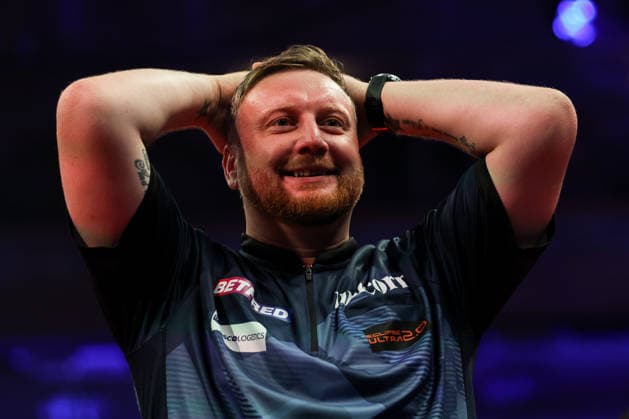 RECORD DATE NOT STATED 20th July 2026, Winter Gardens, Blackpool, Lancashire, England; 2026 Betfred World Matchplay Darts, Day Three; Cameron Menzies celebrates after winning his game against Luke Humphries AidanxHunter