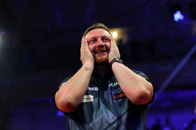 RECORD DATE NOT STATED 20th July 2026, Winter Gardens, Blackpool, Lancashire, England; 2026 Betfred World Matchplay Darts, Day Three; Cameron Menzies celebrates after winning his game against Luke Humphries AidanxHunter