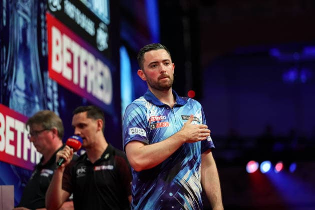RECORD DATE NOT STATED 20th July 2026, Winter Gardens, Blackpool, Lancashire, England; 2026 Betfred World Matchplay Darts, Day Three; Luke Humphries reacts during his game against Cameron Menzies AidanxHunter