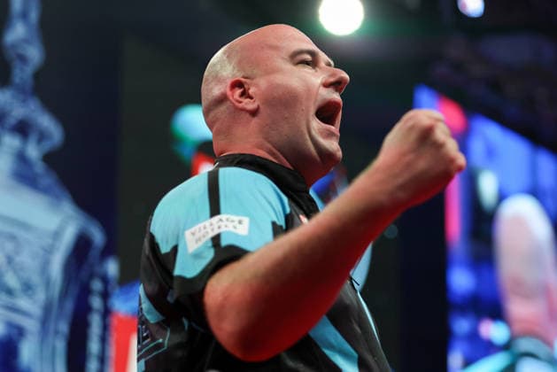 RECORD DATE NOT STATED 20th July 2026, Winter Gardens, Blackpool, Lancashire, England; 2026 Betfred World Matchplay Darts, Day Three; Rob Cross celebrates after winning his game against Danny Noppert AidanxHunter