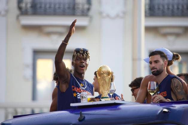 Celebrations of the Spanish national team, Nationalteam at Cibeles Square in Madrid, after Spain defeated Argentina in the World Cup final, on Monday, July 20, 2026, Spanish team celebrates on a bus 900 Cordon Press  900 CordonxPress LOF - CELEBRATION SPANISH TEAM