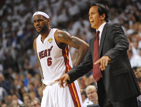 SPORTS-BKN-HEAT-LEBRON-MOMENTS-FILEPIC-FL LeBron James and coach Erik Spoelstra of the Miami Heat get upset at a call in the first quarter during Game 6 of the NBA, Basketball Herren, USA Finals between the Miami Heat and the Dallas Mavericks at the AmericanAirlines Arena in Miami, Sunday, June 12, 2011. (Robert Duyos South Florida Sun Sentinel TNS) MIAMI FL USA EDITORIAL USE ONLY Copyright: xx 179940500W RobertxDuyosx krtphotoslive965314