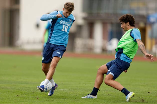 SSC Napoli preseason 2026-27 SSC Napoli™s Danish midfielder Jesper Lindstrom and SSC Napoli™s Italian defender Luca Marianucci during fifth day SSC Napoli s 2026-27 preseason training camp in val di sole in Trentino, Dimaro Folgarida July, 21 2026. _BPH7334 Copyright: xAntonioxBalascox