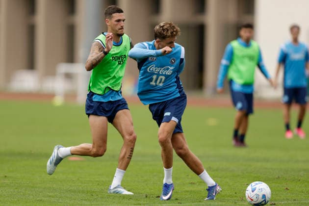 SSC Napoli preseason 2026-27 SSC Napoli™s Spanish defender Rafa Marin and SSC Napoli™s Danish midfielder Jesper Lindstrom during fifth day SSC Napoli s 2026-27 preseason training camp in val di sole in Trentino, Dimaro Folgarida July, 21 2026. _BPH7345 Copyright: xAntonioxBalascox