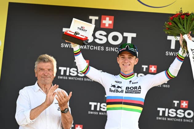 21-07-2026 Tour De France; Tappa 16 Evian Les Bains - Thonon Les Bains; 2026, Red Bull - Bora Hansgrohe; Evenepoel, Remco; Thevenet, Bernard; Thonon Les Bains; 