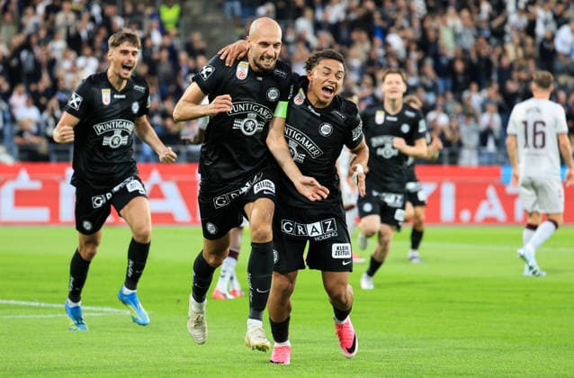 SOCCER - UEFA CL, Sturm vs Hearts GRAZ,AUSTRIA,21.JUL.26 - SOCCER - UEFA Champions League, qualification, SK Sturm Graz vs Heart of Midlothian FC. Image shows the rejoicing of Jon Gorenc-Stankovic, Jacob Peter Hoedl and Szymon Wlodarczyk (Sturm).  GEPAxpictures xWolfgangxGrebien