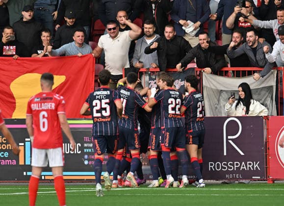 UEFA Champions League Second Qualifying Round First Leg, Inver Park, Belfast, Northern Ireland 21 7 2026 Larne vs Crvena Zvezda Crvena Zvezda™s Bruno Duarte celebrates scoring from a penalty Crvena Zvezda™s Bruno Duarte celebrates scoring from a penalty 21 7 2026  Copyright: xx Larne v Crvena Zvezda-015