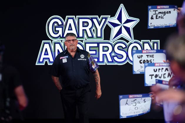 RECORD DATE NOT STATED 21st July 2026, Winter Gardens, Blackpool, Lancashire, England; 2026 Betfred World Matchplay Darts, Day Four; Gary Anderson during his walk on AidanxHunter