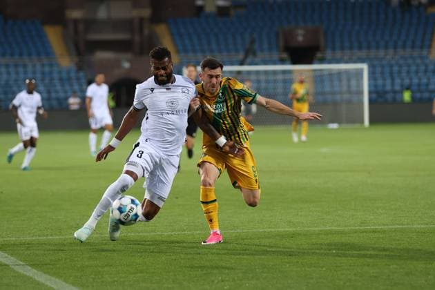RECORD DATE NOT STATED UEFA Champions League: FC Ararat-Armenia v Shamrock Rovers FC Julio Bueno and Aaron Greene during the UEFA Champions League match between FC Ararat-Armenia and Shamrock Rovers FC at Vazgen Sargsyan Republican Stadium in Yerevan, Armenia on July 21, 2026