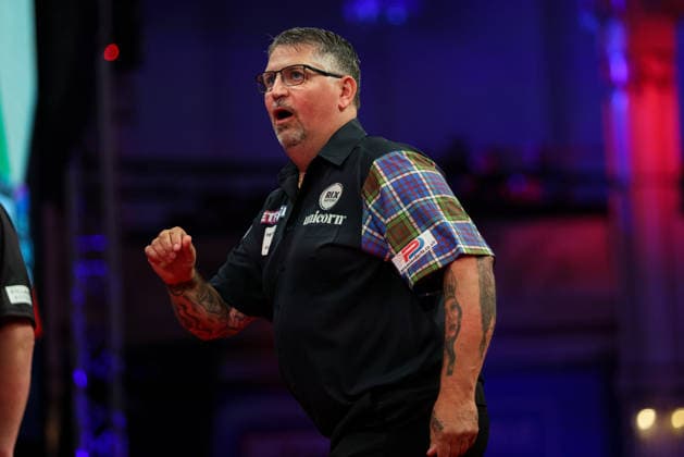 RECORD DATE NOT STATED 21st July 2026, Winter Gardens, Blackpool, Lancashire, England; 2026 Betfred World Matchplay Darts, Day Four; Gary Anderson reacts during his game against Jonny Clayton AidanxHunter