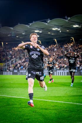 STURM GRAZ - HEARTS Luca Weinhandl of Sturm celebrates a goal a goal during the first leg of second qualifying round of UEFA Champions League football match between Sturm Graz and Heart of Midlothian FC at the Merkur Arena (Stadion Graz Liebenau). Graz, Austria, July 21, 2026. Photo by Branislav Racko Copyright: xx _BRR6403