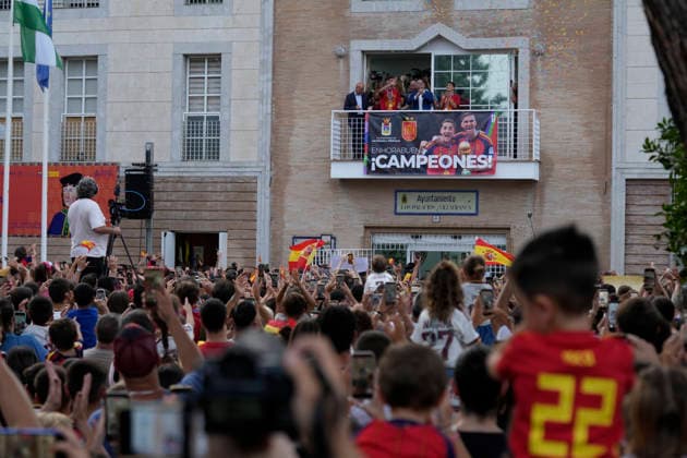 Football, 2026 FIFA World Cup, Spain national team, World Cup winners Gavi and Fabian Ruiz are being celebrated in Seville