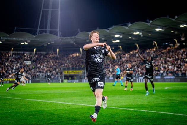 STURM GRAZ - HEARTS Luca Weinhandl of Sturm celebrates a goal a goal during the first leg of second qualifying round of UEFA Champions League football match between Sturm Graz and Heart of Midlothian FC at the Merkur Arena (Stadion Graz Liebenau). Graz, Austria, July 21, 2026. Photo by Branislav Racko Copyright: xx _BRR6404