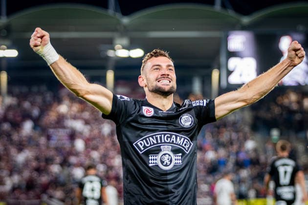 STURM GRAZ - HEARTS Jurgen Heil of Sturm celebrates a goal during the first leg of second qualifying round of UEFA Champions League football match between Sturm Graz and Heart of Midlothian FC at the Merkur Arena (Stadion Graz Liebenau). Graz, Austria, July 21, 2026. Photo by Branislav Racko Copyright: xx _BRR6512