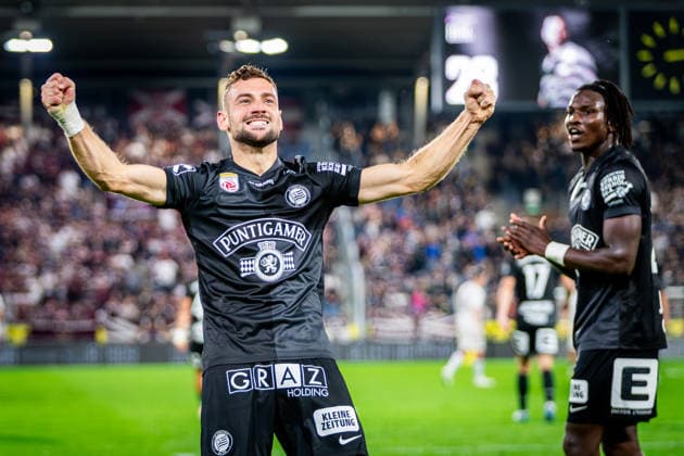 STURM GRAZ - HEARTS Jurgen Heil of Sturm celebrates a goal during the first leg of second qualifying round of UEFA Champions League football match between Sturm Graz and Heart of Midlothian FC at the Merkur Arena (Stadion Graz Liebenau). Graz, Austria, July 21, 2026. Photo by Branislav Racko Copyright: xx _BRR6520